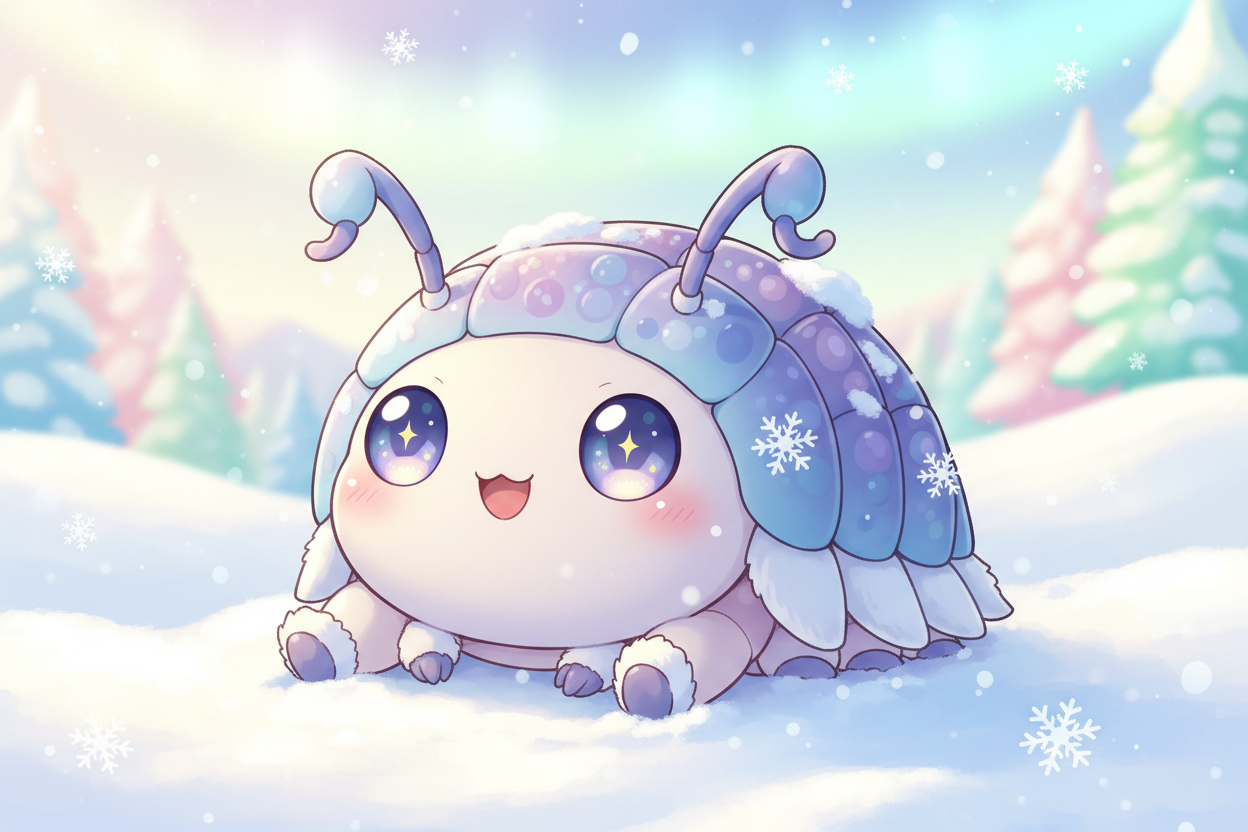 Cute kawaii anime isopod in the snow
